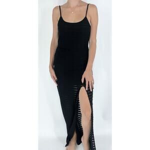 Black Bead Black Stripe Bodycon Maxi with High Slit Fitted Evening Dress Small